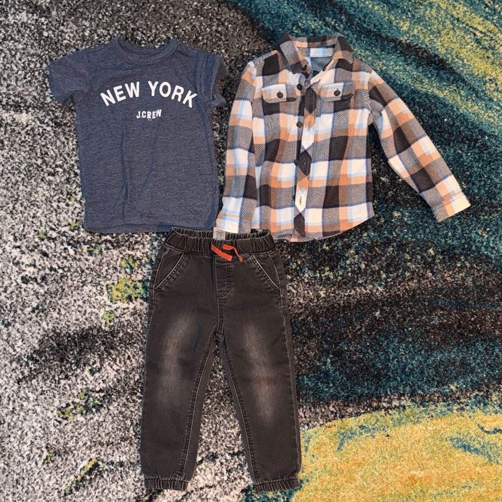 J. Crew Kids Navy Tee and Plaid Shirt with Black Pants